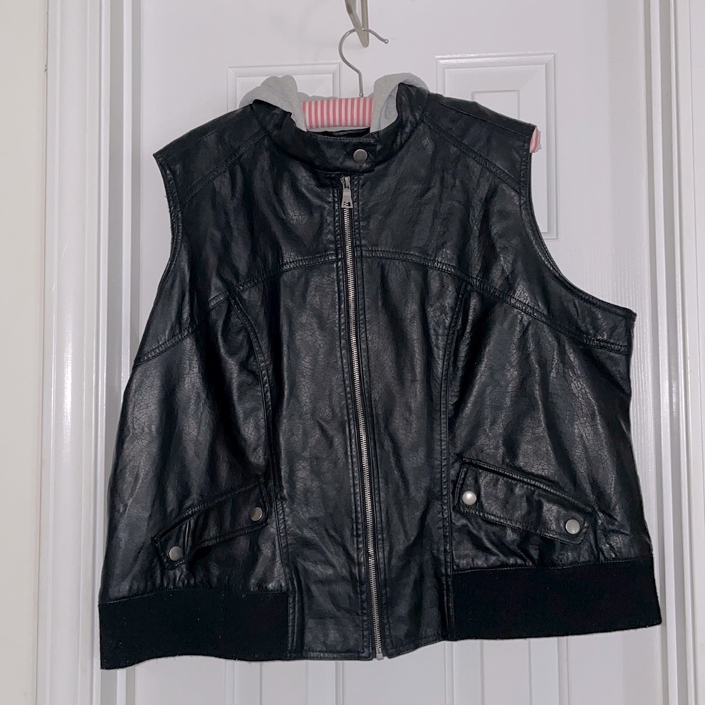 PLUS SIZE FAUX LEATHER VEST WITH HOOD
